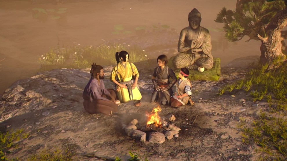 Assassin's Creed Shadows cutscene of Naoe, Yasuke, and other cast members