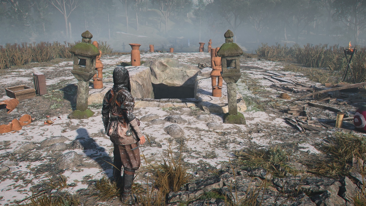 The entrance to the Makino Kurumazuka Kofun in Assassin's Creed Shadows