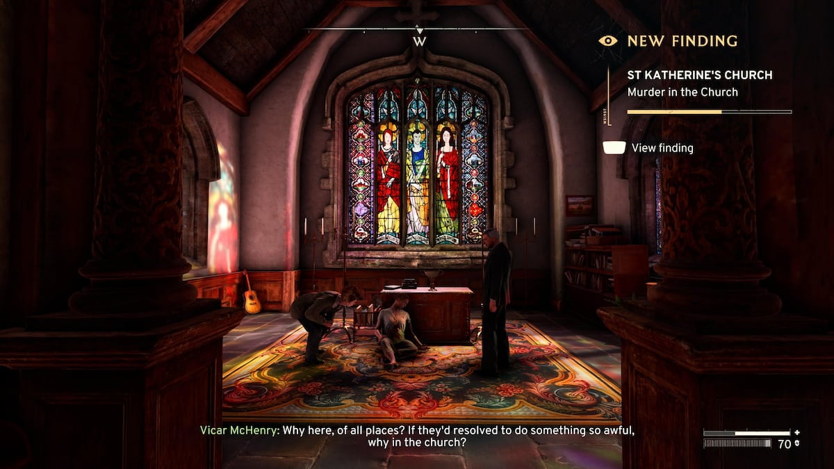 church with vicar standing over dead body