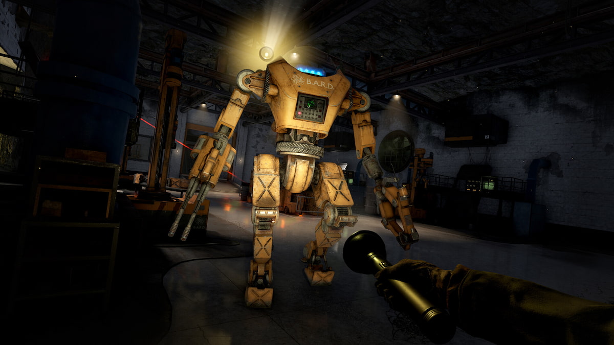 a bard robot patrolling a dark cavern