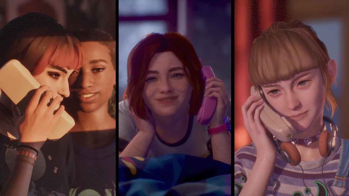 Three girls on the phone in Lost Records.