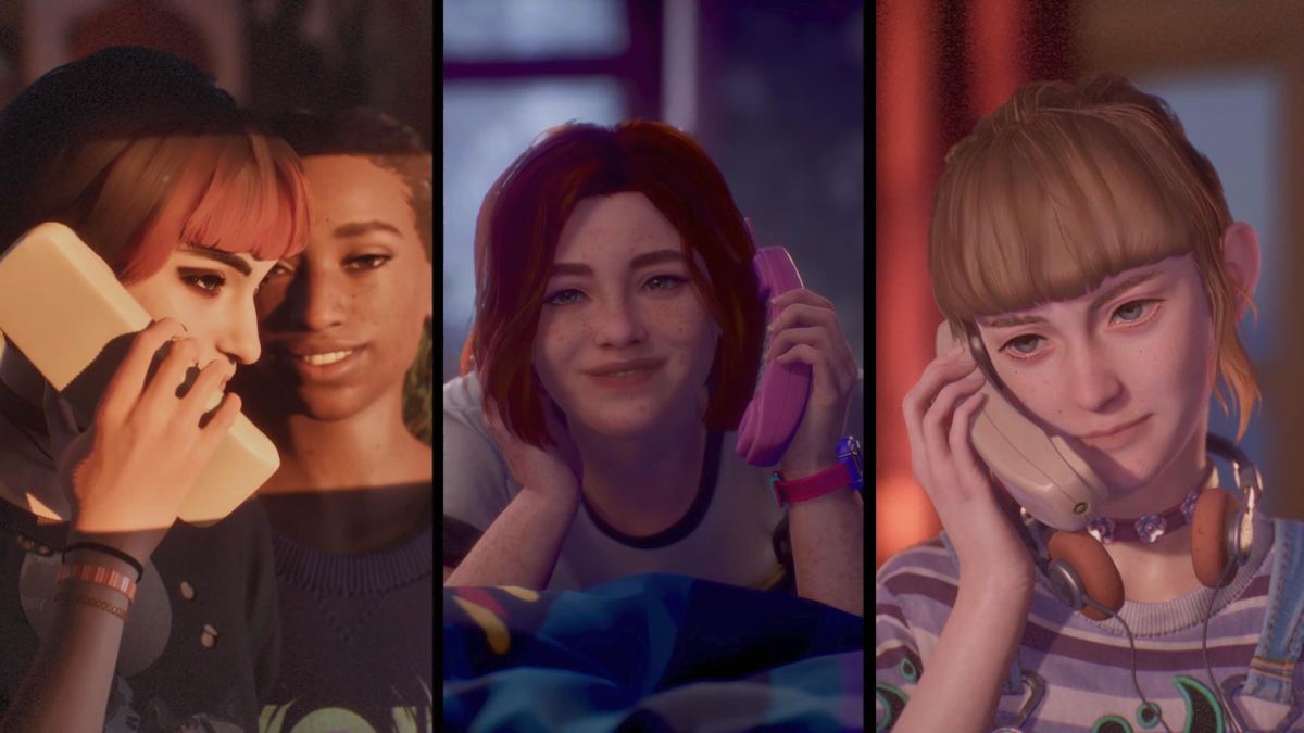 Three images, each of girls on the phone in Lost Records.