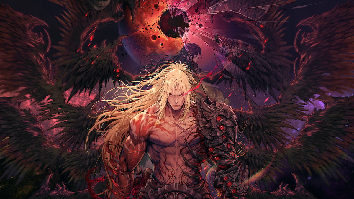 The First Berserker: Khazan cover image with Khazan stood in front of the moon surrounded by wings