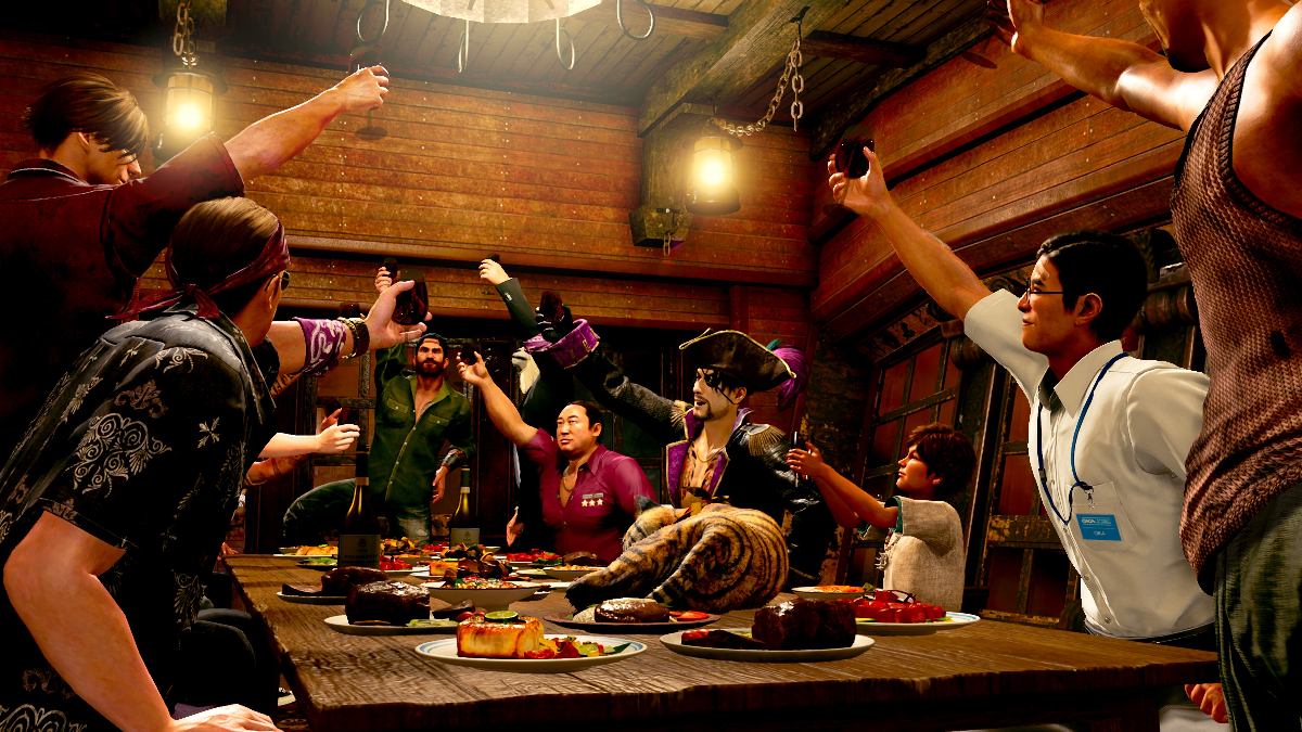 Goro Majima having a pirate party with his crew in like a dragon yakuza pirate in hawaii